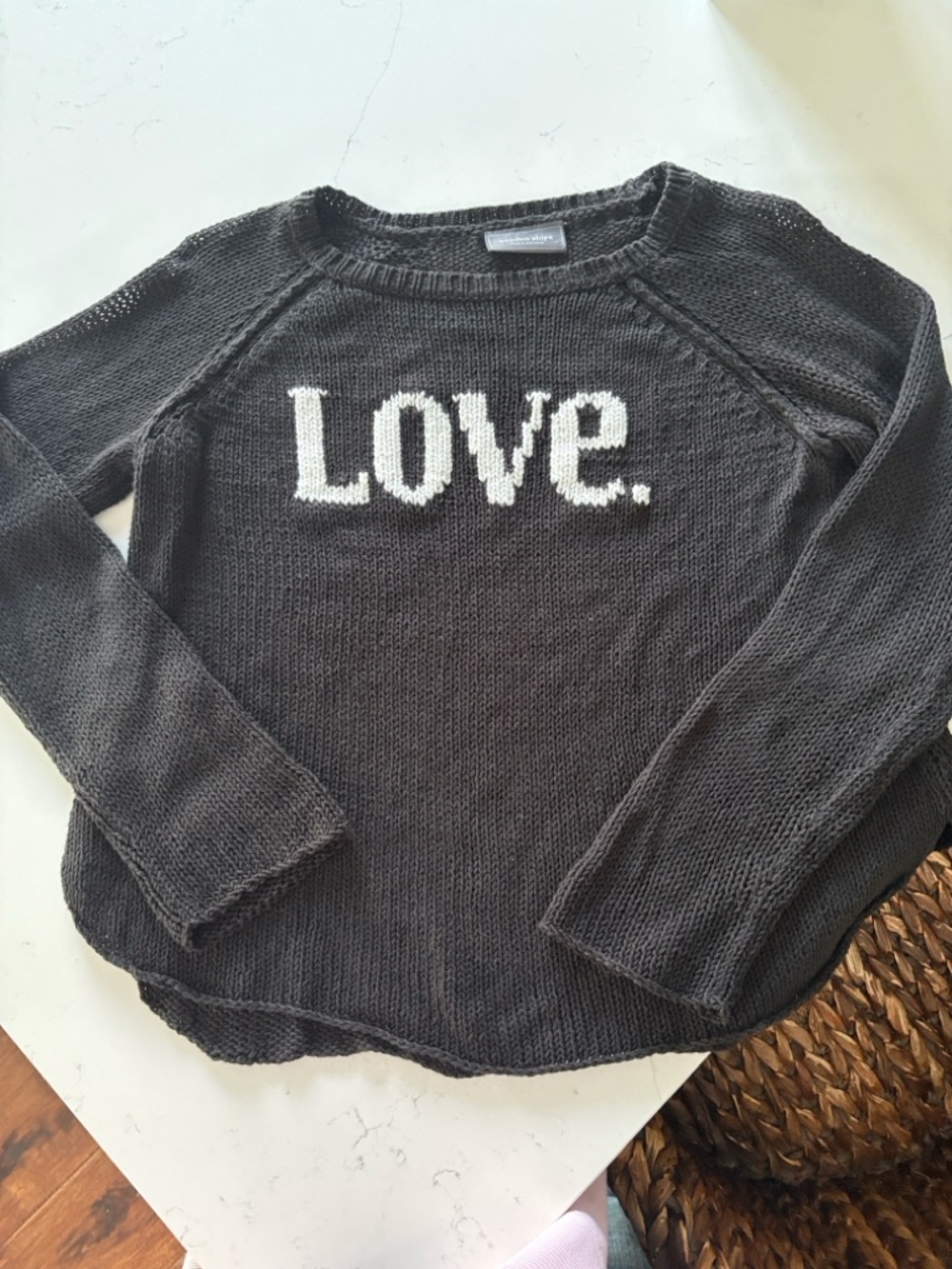 Wooden Ships Black Crewneck Sweater with White "Love" Graphic Size s/m
